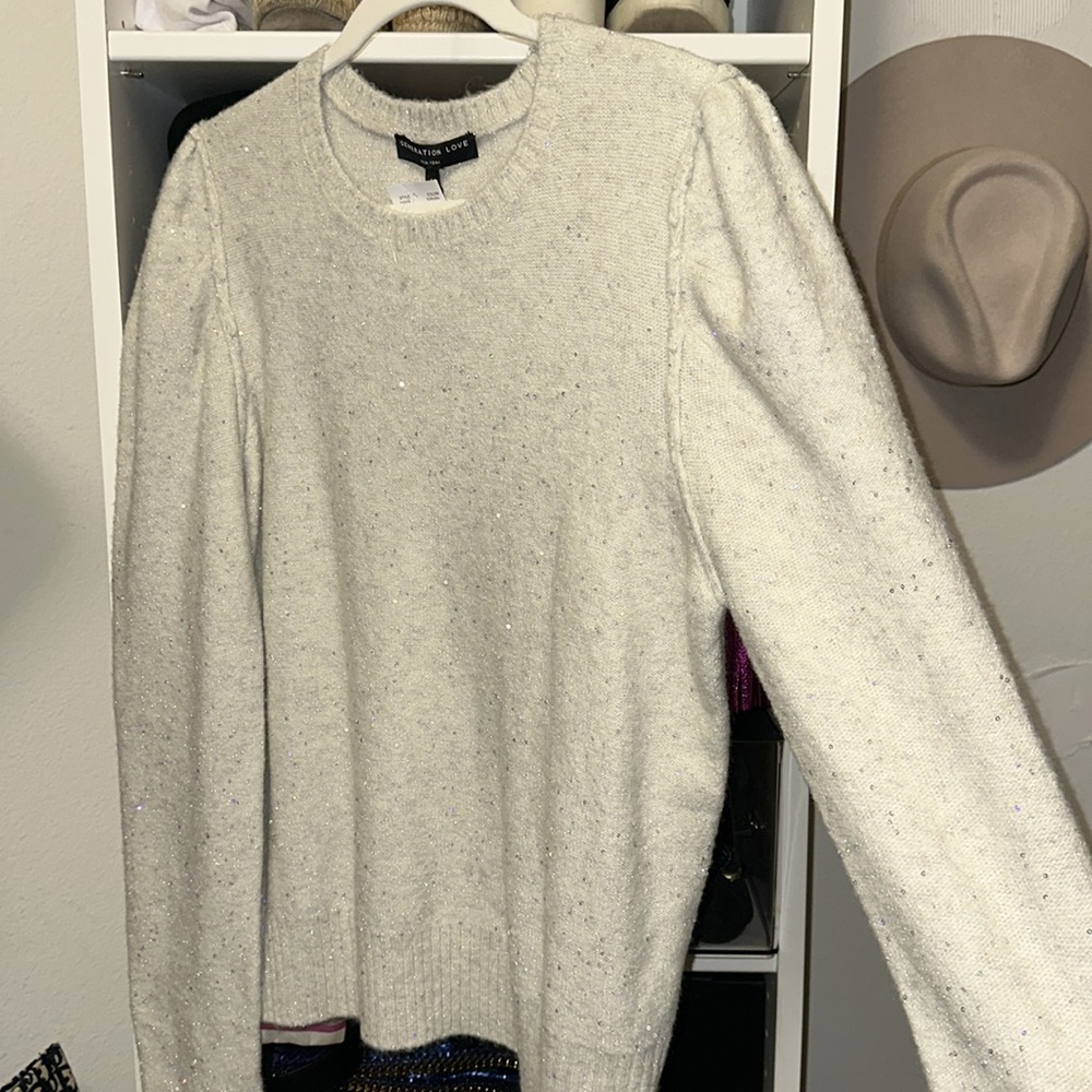 Generation Love Ecru Sequin Top with Puff Sleeves - Picture 2 of 7
